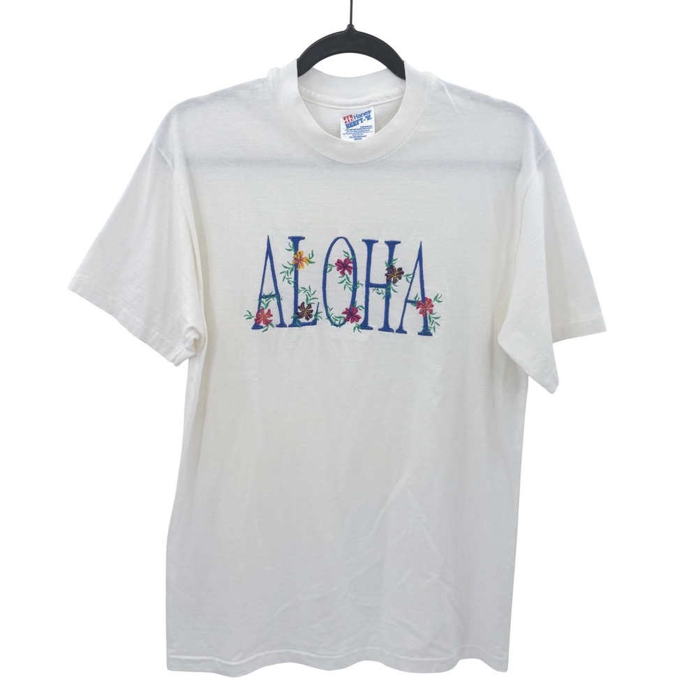 Vintage Hanes Beefy-T Aloha Embroidered Floral T-Shirt White Medium Made in USA